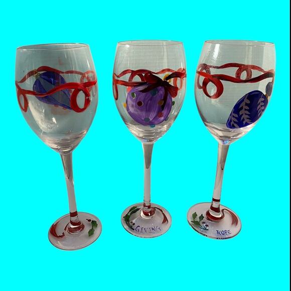 Lot Of 6 Hand-painted Christmas Stemware Wine Glasses Decorated With Ornaments - Picture 3 of 14